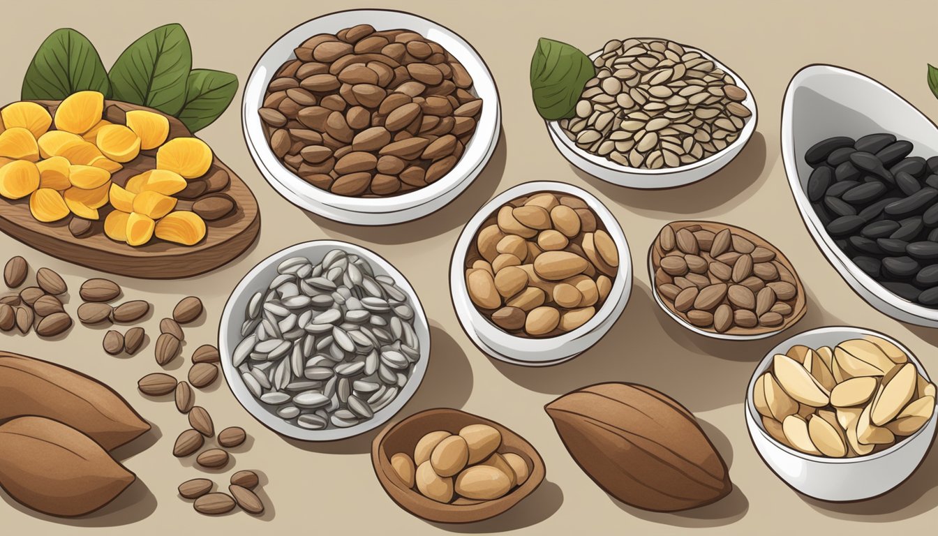 A variety of selenium-rich foods displayed on a table, including Brazil nuts, sunflower seeds, and tuna