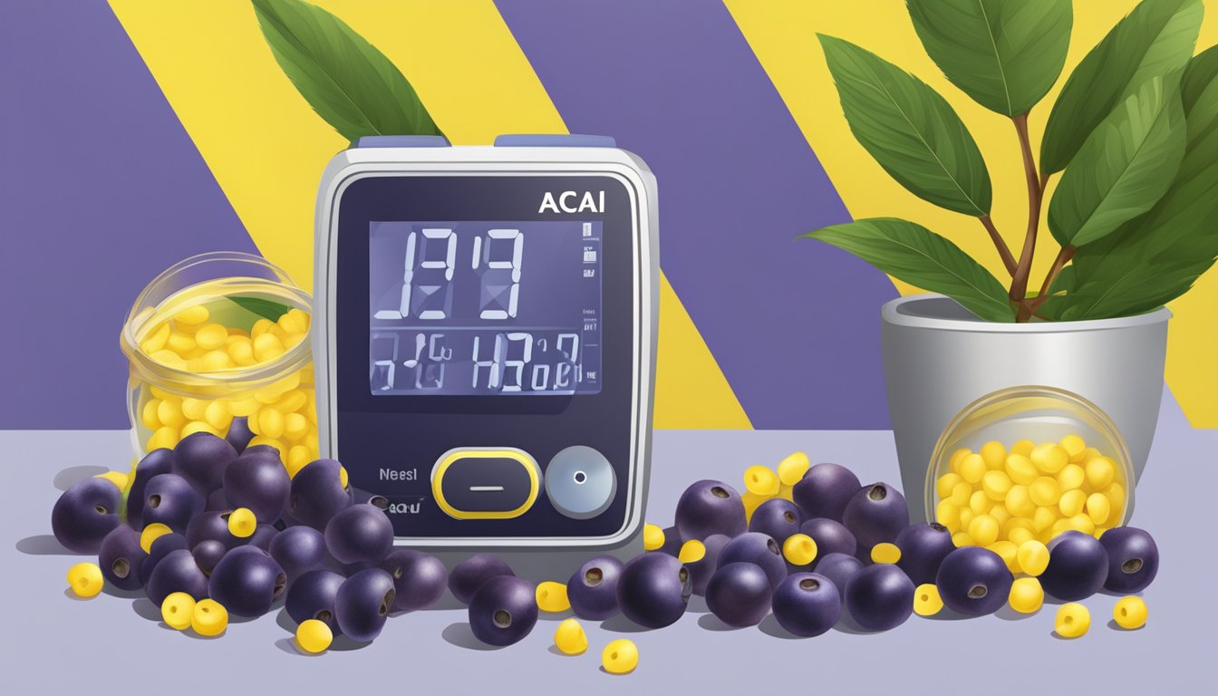 Acai berries surrounded by blood pressure monitor and caution tape