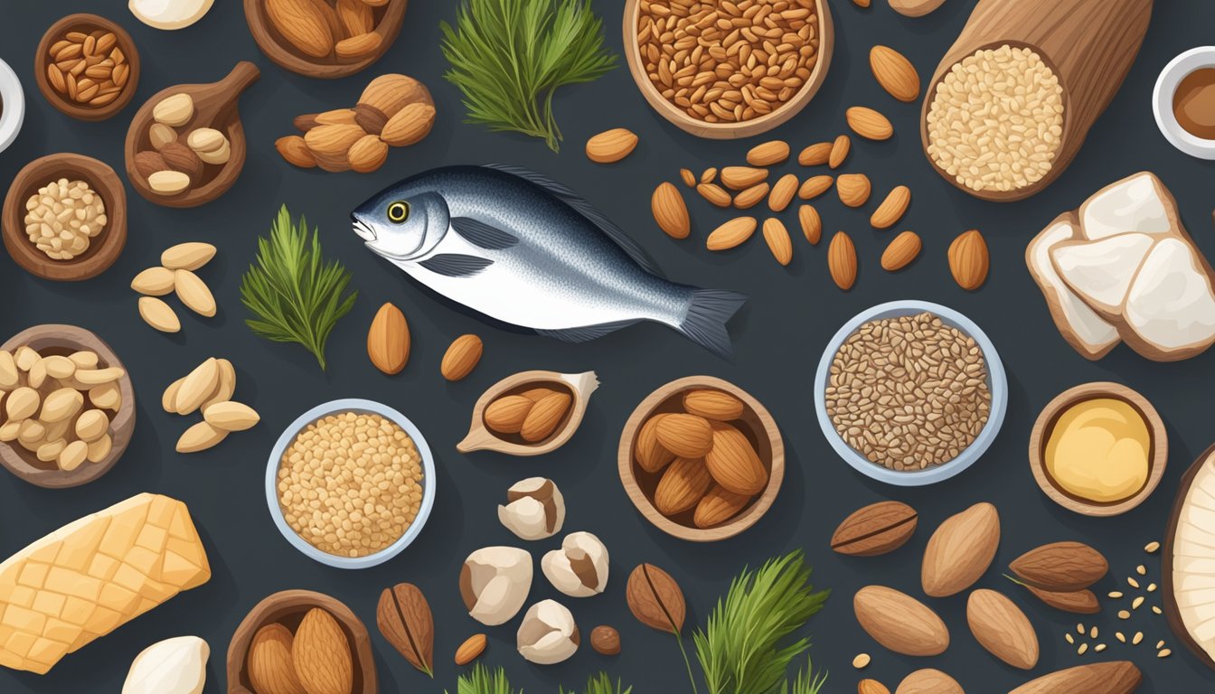 A variety of selenium-rich foods arranged on a table, including nuts, seeds, fish, and whole grains