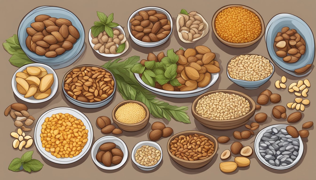 A variety of foods rich in selenium, such as Brazil nuts, seafood, and whole grains, arranged on a table