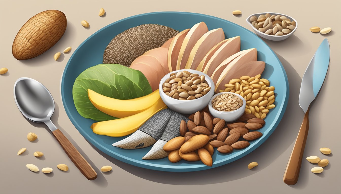 A plate of assorted foods, including Brazil nuts, sunflower seeds, and tuna, arranged in a balanced composition