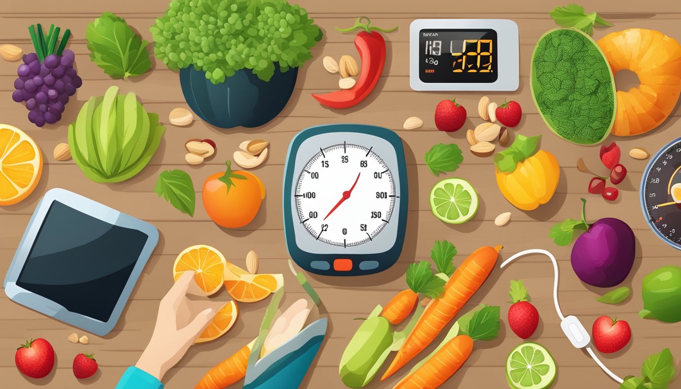 A table with colorful fruits, vegetables, fish, and nuts, surrounded by a heart rate monitor and blood pressure cuff