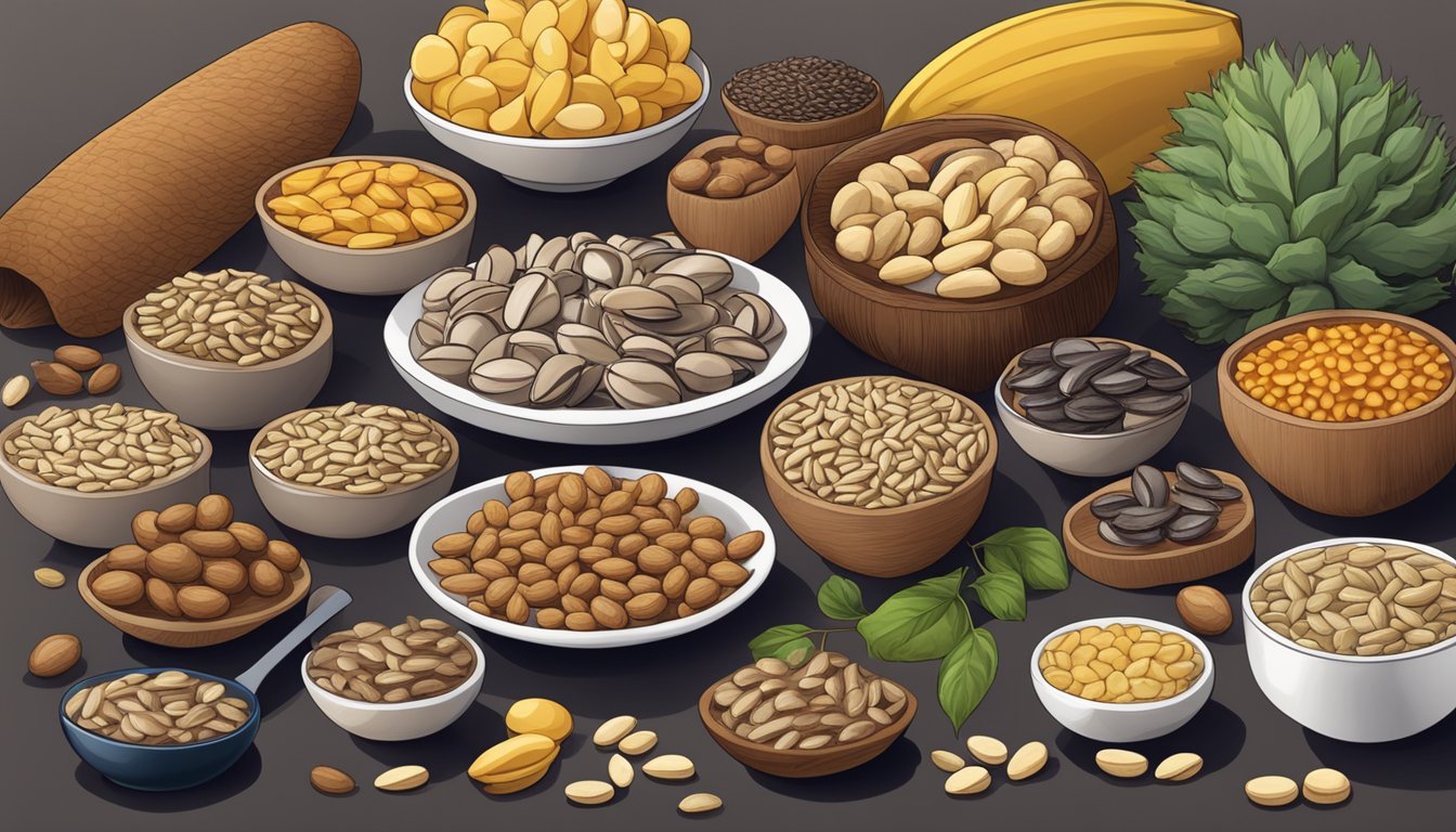 A variety of selenium-rich foods arranged on a table, including Brazil nuts, sunflower seeds, and seafood