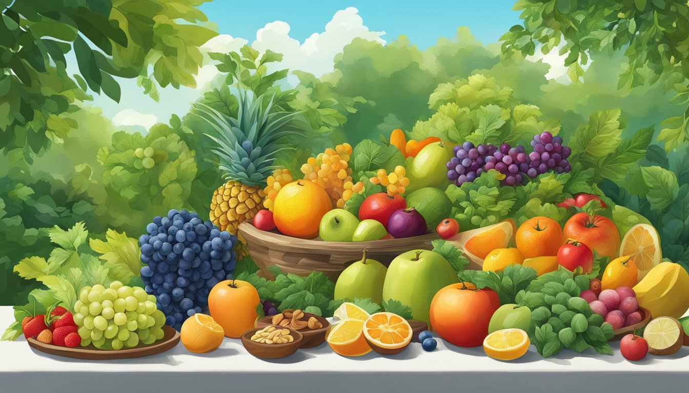 A colorful array of fruits, vegetables, nuts, and fish arranged on a table, surrounded by vibrant green foliage and a clear blue sky