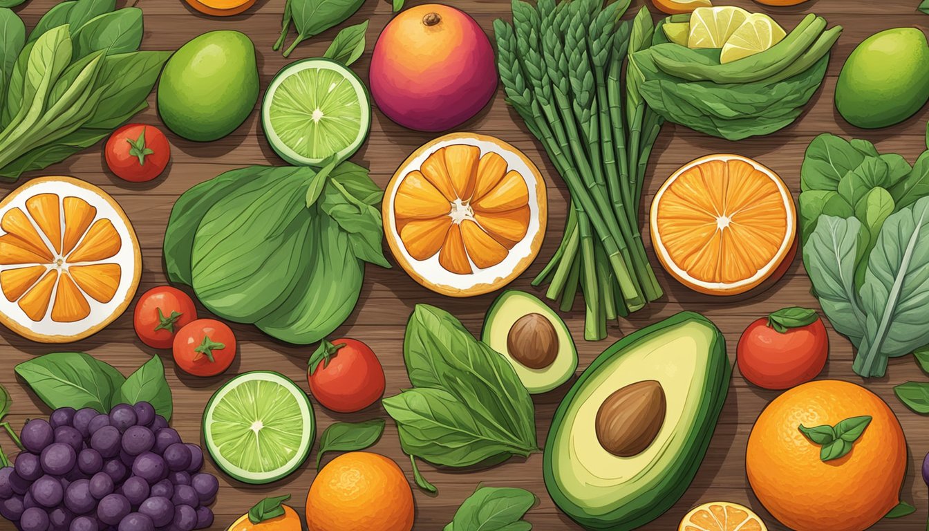 A colorful assortment of fruits and vegetables, including spinach, asparagus, avocado, and oranges, arranged on a wooden cutting board