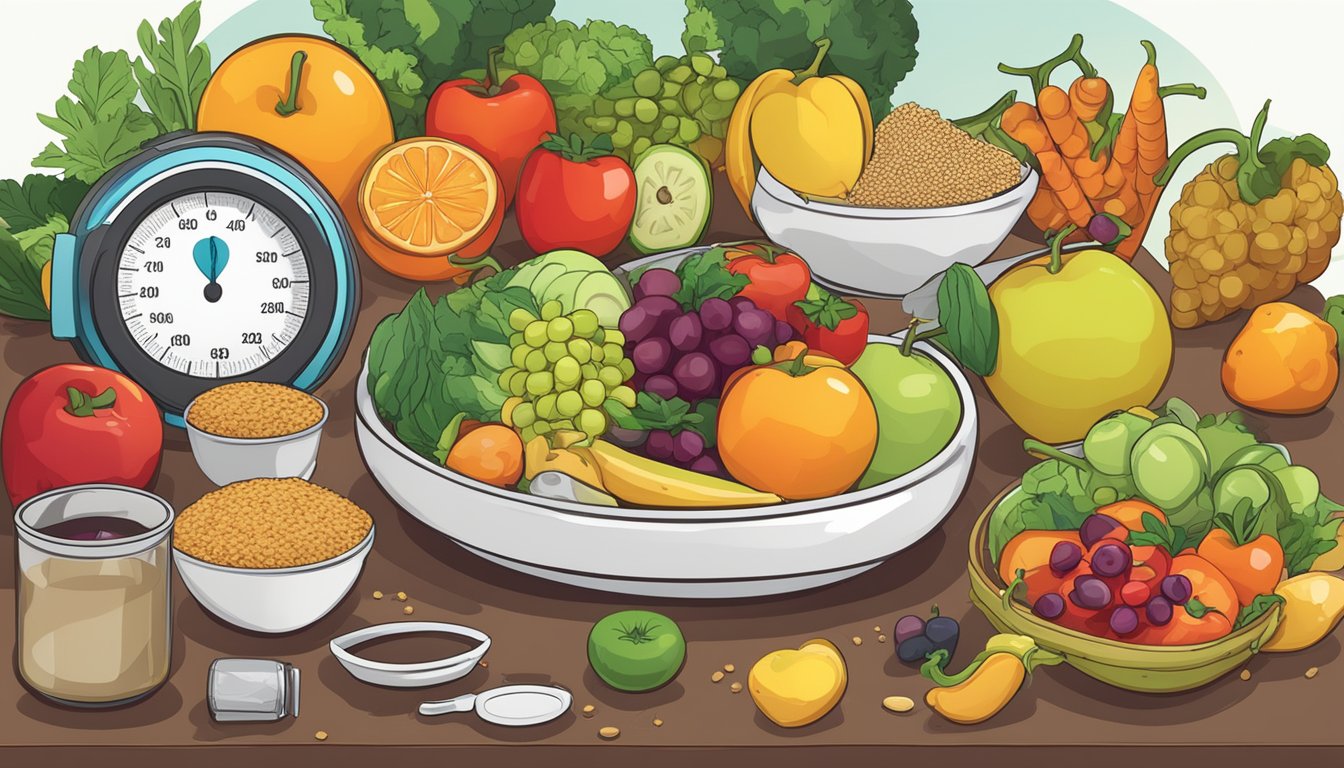 A table filled with colorful fruits, vegetables, and whole grains, with a heart rate monitor and blood pressure cuff nearby