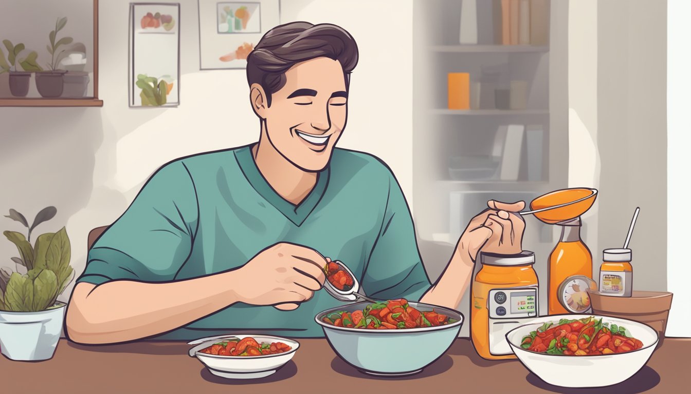 A person happily eating a bowl of spicy food, with a doctor's approval stamp and a blood pressure monitor in the background