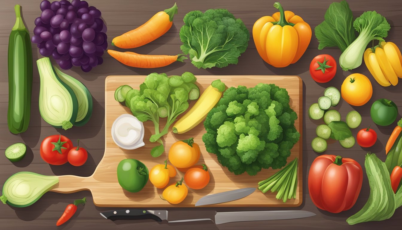 A variety of fresh vegetables and fruits arranged on a cutting board, with a knife and measuring cup nearby