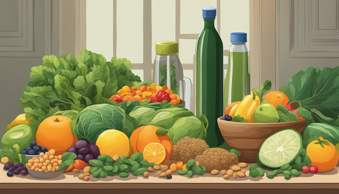 A variety of fruits and vegetables arranged on a table, including leafy greens, citrus fruits, and legumes, with a bottle of fortified cereal nearby