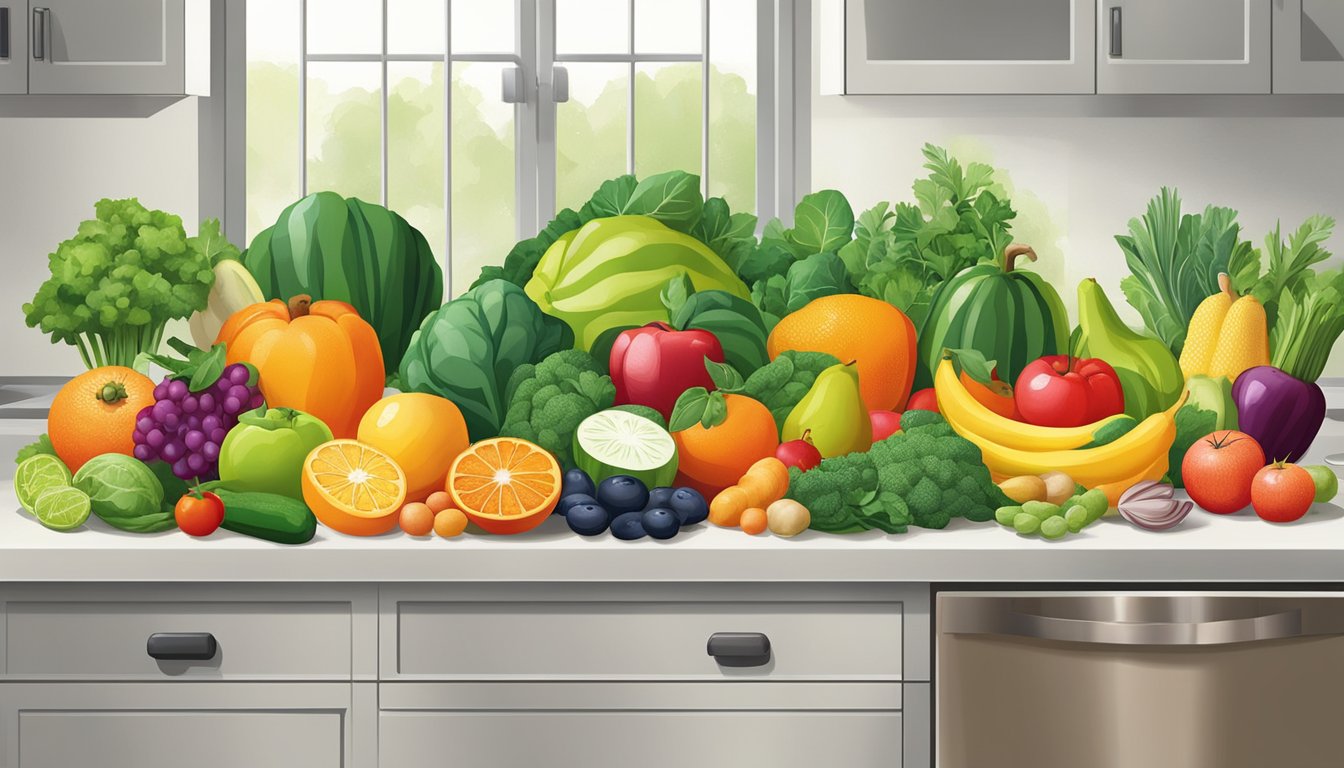 A colorful array of fruits and vegetables, including leafy greens, citrus fruits, and legumes, arranged on a kitchen counter