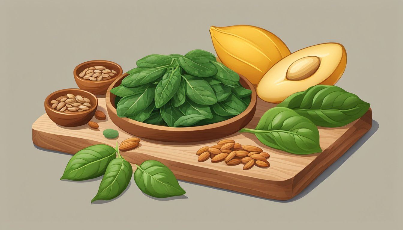 A variety of foods rich in vitamin E, such as spinach, almonds, and sunflower seeds, arranged on a wooden cutting board