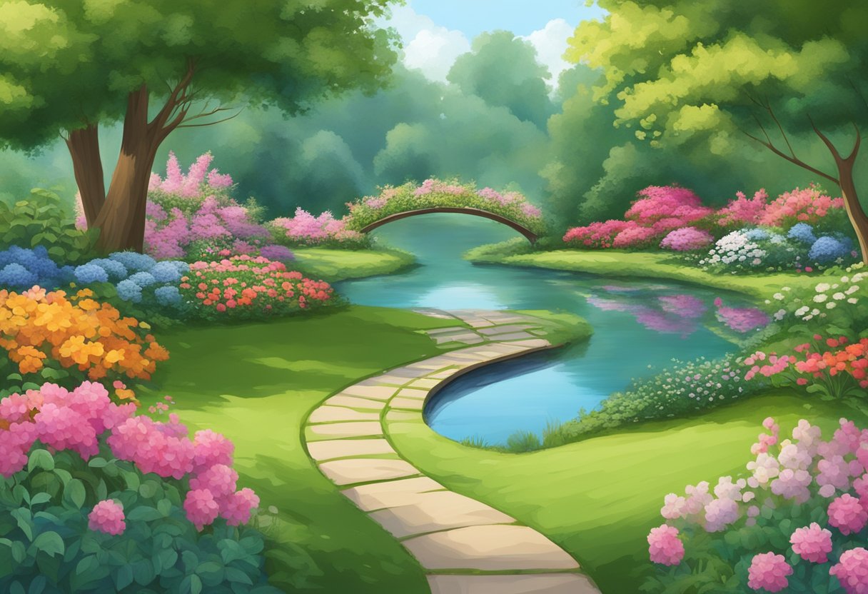 A serene garden with winding paths, vibrant flowers, and a peaceful pond surrounded by lush greenery