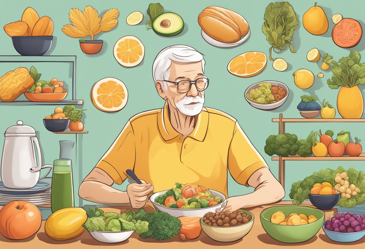 A serene elderly person engaging in mental exercises, surrounded by brain-boosting foods and engaging in physical activity