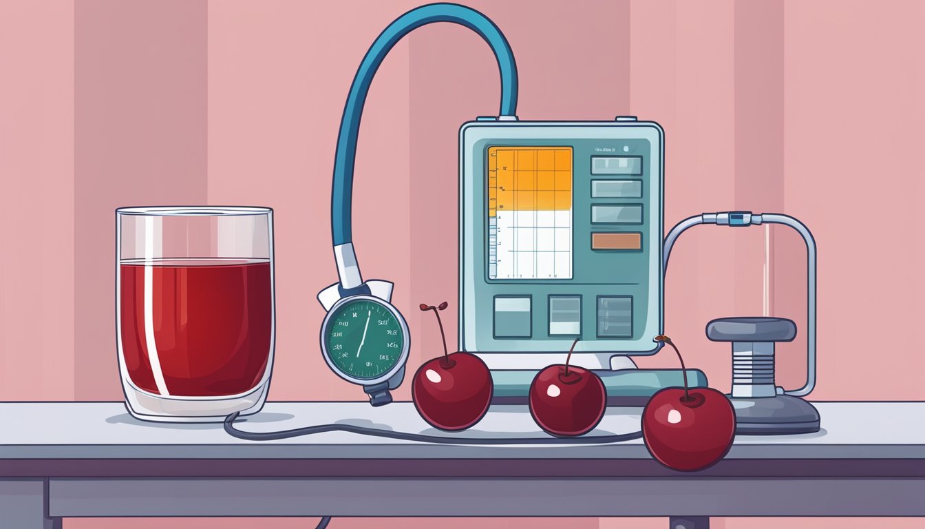 A glass of tart cherry juice next to a blood pressure monitor and a chart showing lowered blood pressure levels