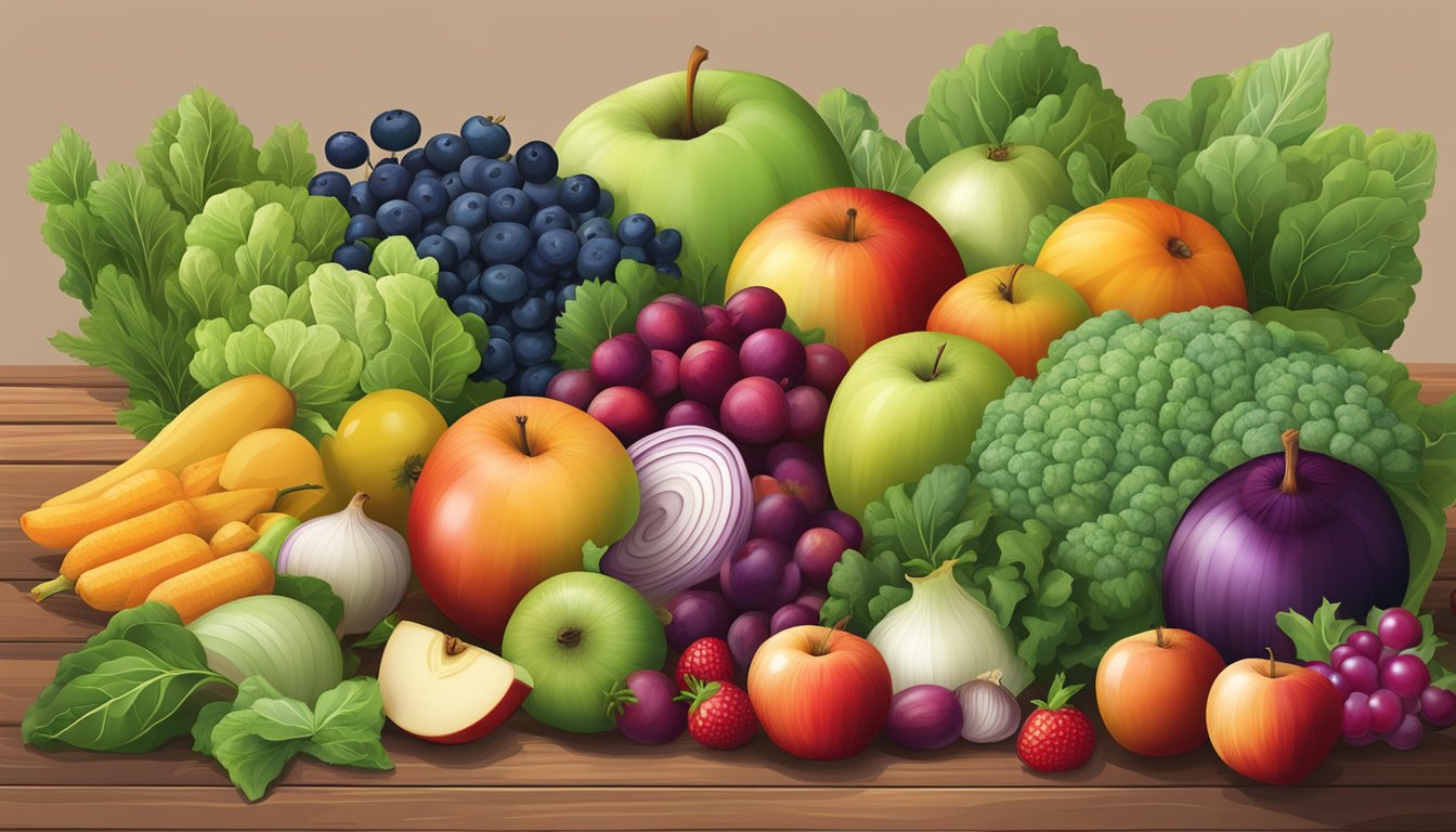 A colorful array of fruits and vegetables, including apples, onions, berries, and leafy greens, arranged on a wooden table