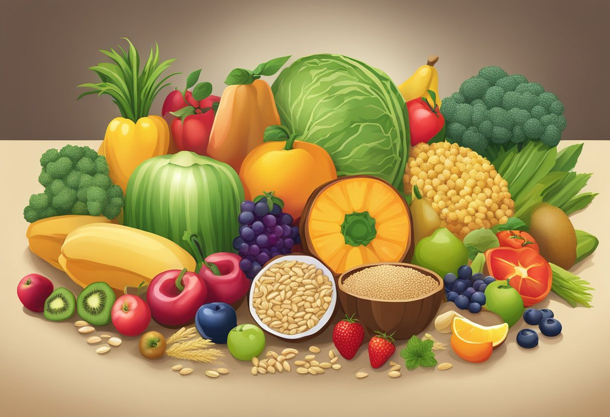 A colorful array of fruits, vegetables, and whole grains arranged on a table, with a bright spotlight shining on them, symbolizing the importance of a healthy diet in memory preservation