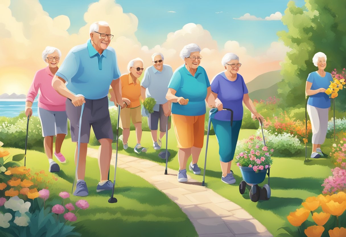 A group of elderly individuals engaging in various physical activities such as walking, swimming, and gardening in a vibrant outdoor setting