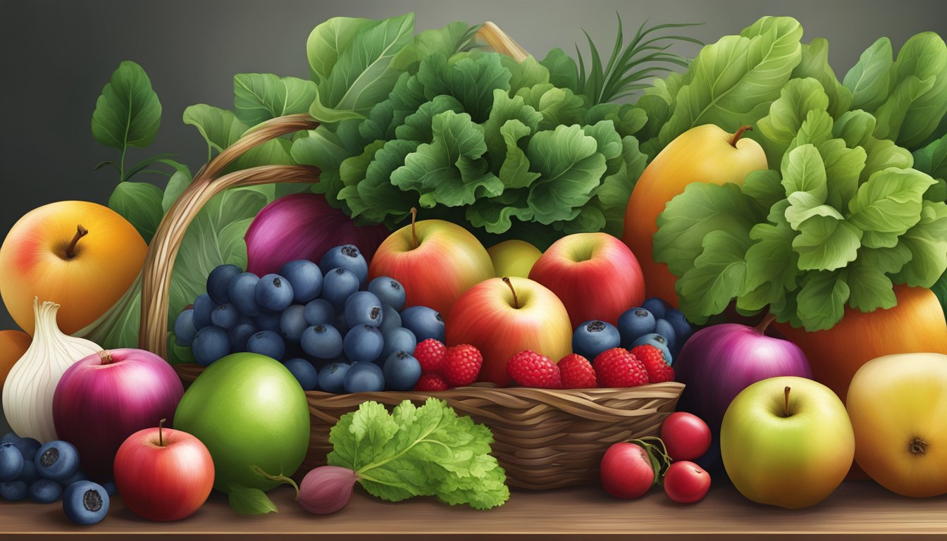 A colorful assortment of fruits and vegetables, including apples, berries, onions, and leafy greens, arranged on a table