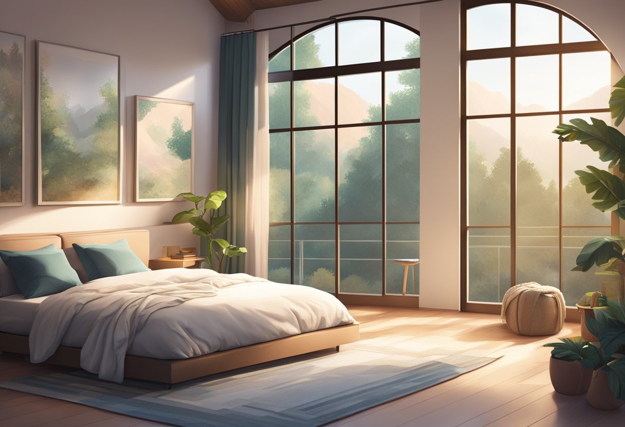 A serene bedroom with a cozy bed, soft lighting, and calming decor, surrounded by nature outside the window