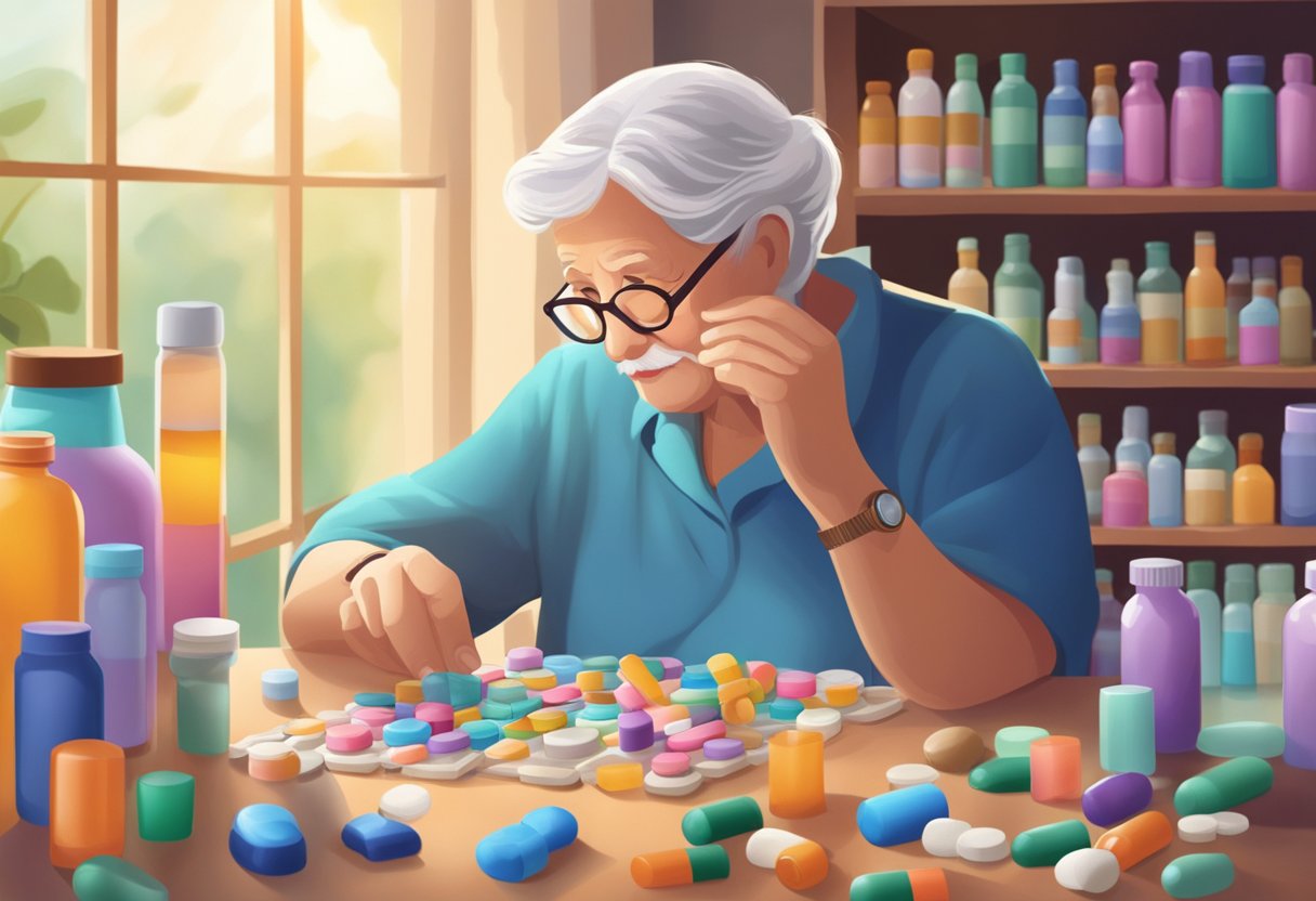 A serene, elderly person surrounded by colorful bottles of medication, engaging in memory-boosting activities like puzzles and reading