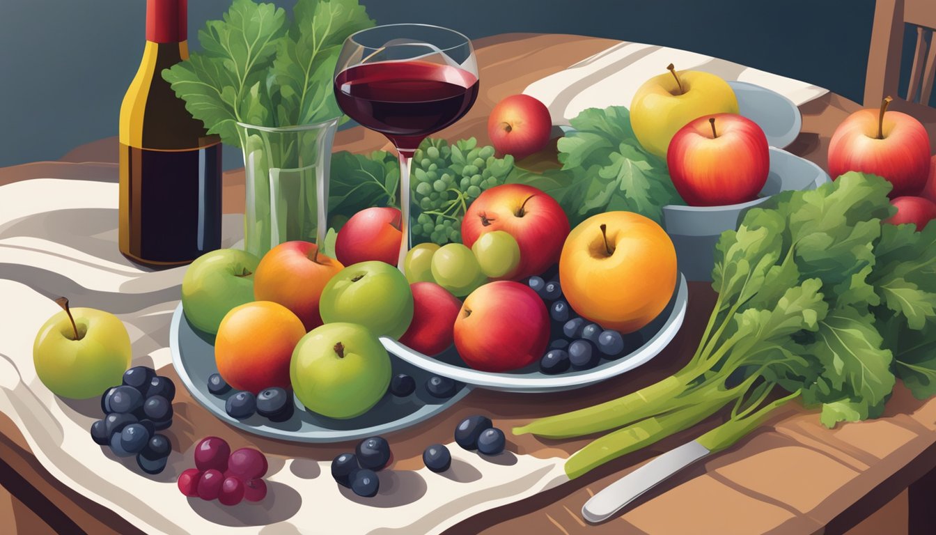 A table filled with colorful fruits and vegetables: apples, berries, onions, and leafy greens, with a bottle of olive oil and a glass of red wine