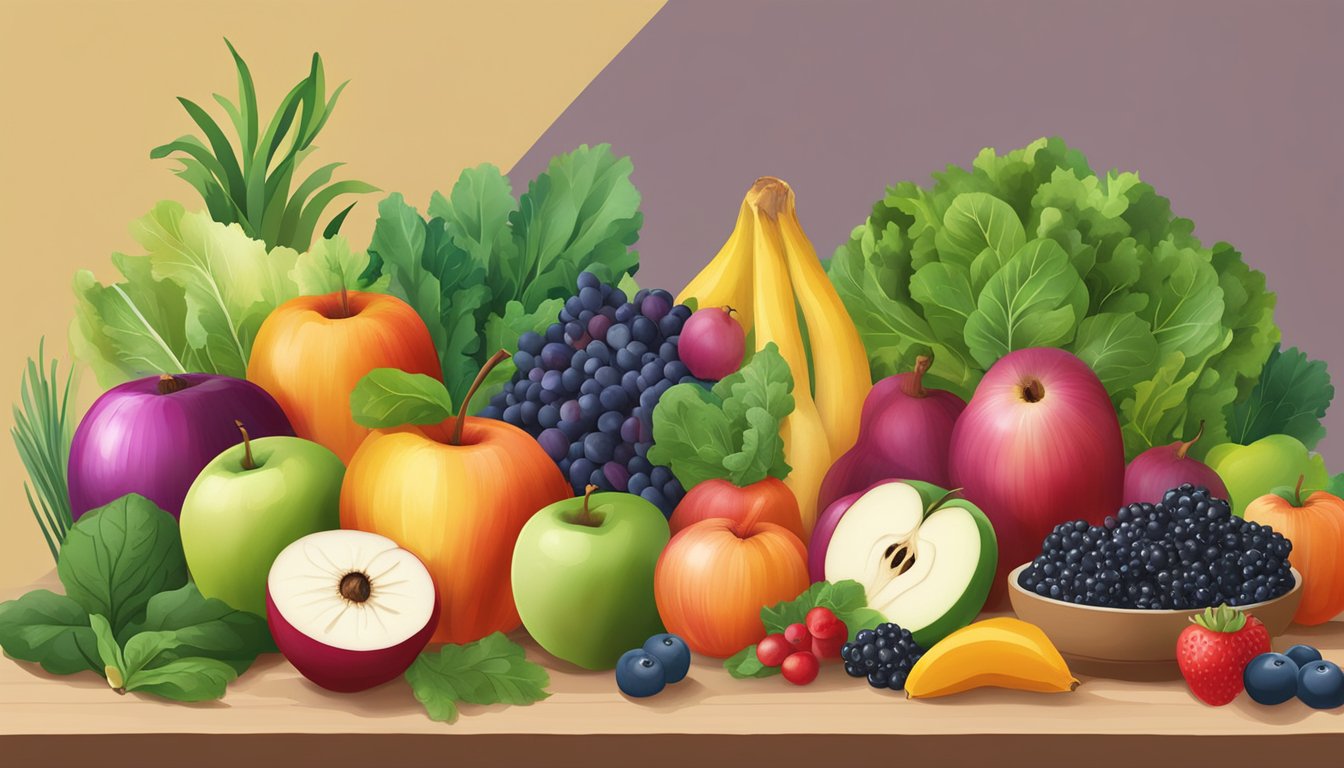 A colorful assortment of fruits and vegetables, including apples, berries, onions, and leafy greens, displayed on a table