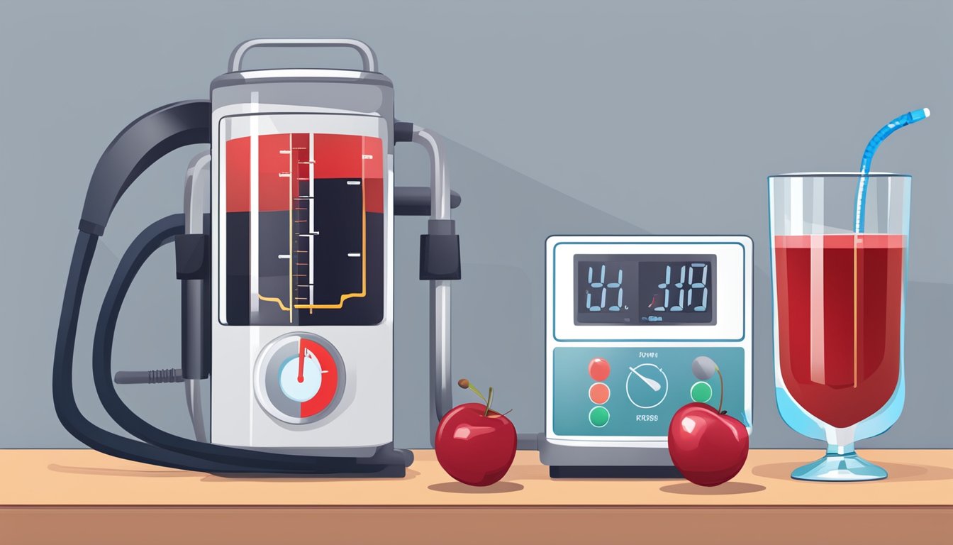 A glass of tart cherry juice next to a blood pressure monitor, with arrows showing the juice entering the bloodstream and blood pressure lowering