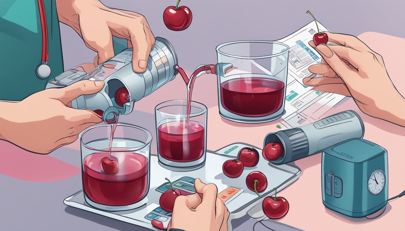 A person pouring tart cherry juice into a glass, surrounded by images of blood pressure monitors and guidelines