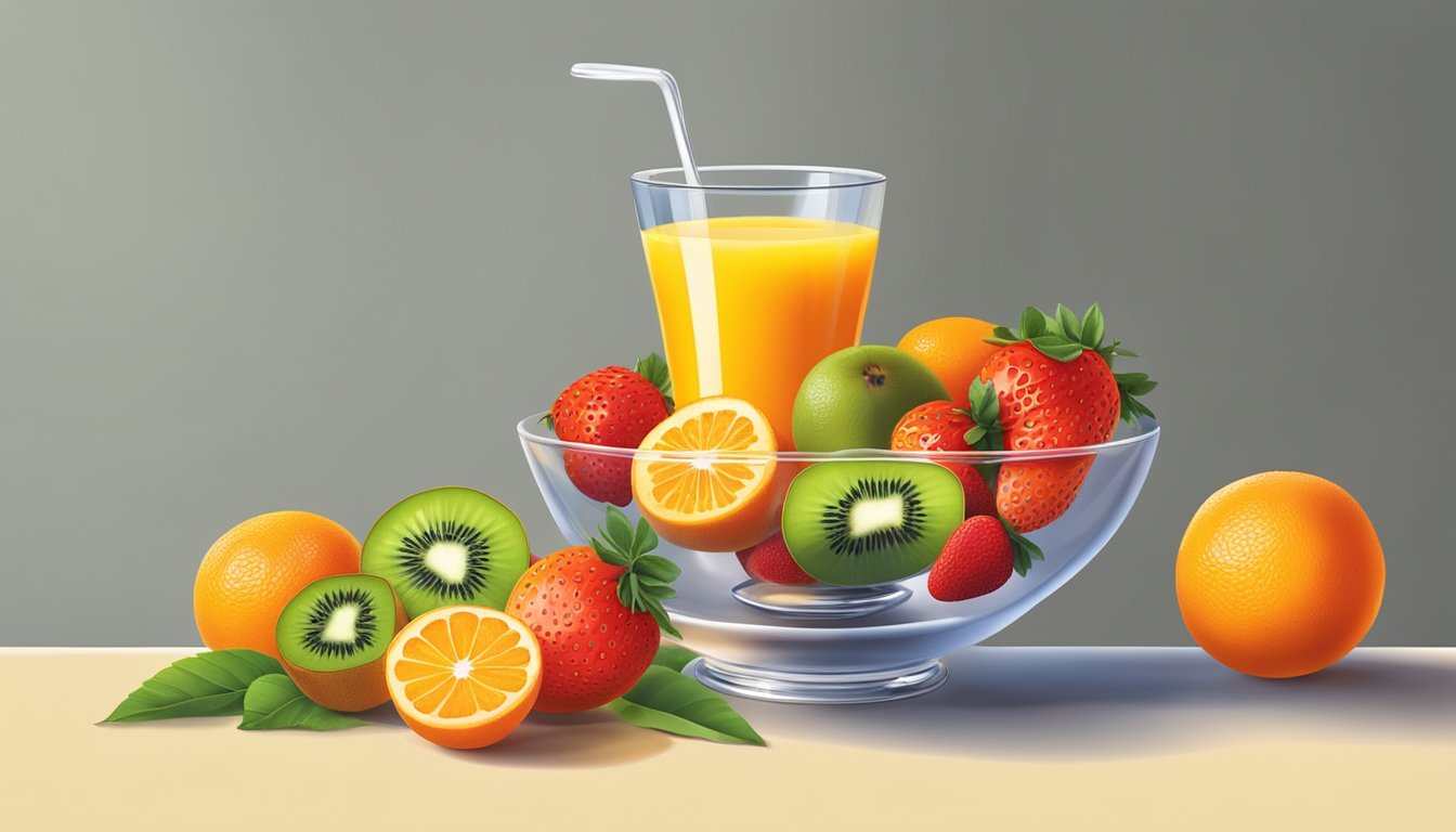 A bowl of colorful fruits such as oranges, strawberries, and kiwi arranged on a table. A glass of freshly squeezed orange juice next to the bowl