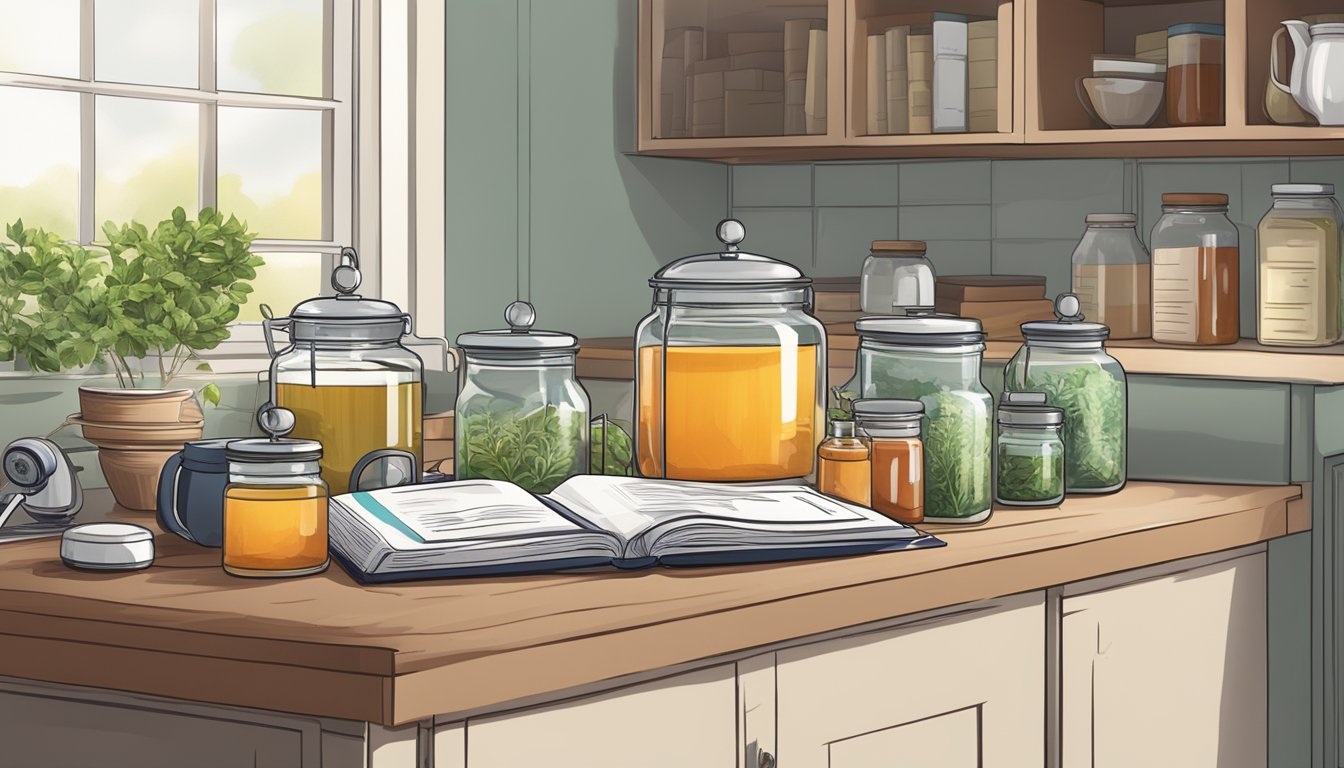 A serene kitchen counter with a variety of herbal tea jars and a blood pressure monitor placed next to a stack of medical books