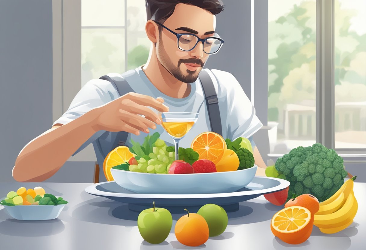 A person drinking from a glass of water with a plate of colorful fruits and vegetables on a table