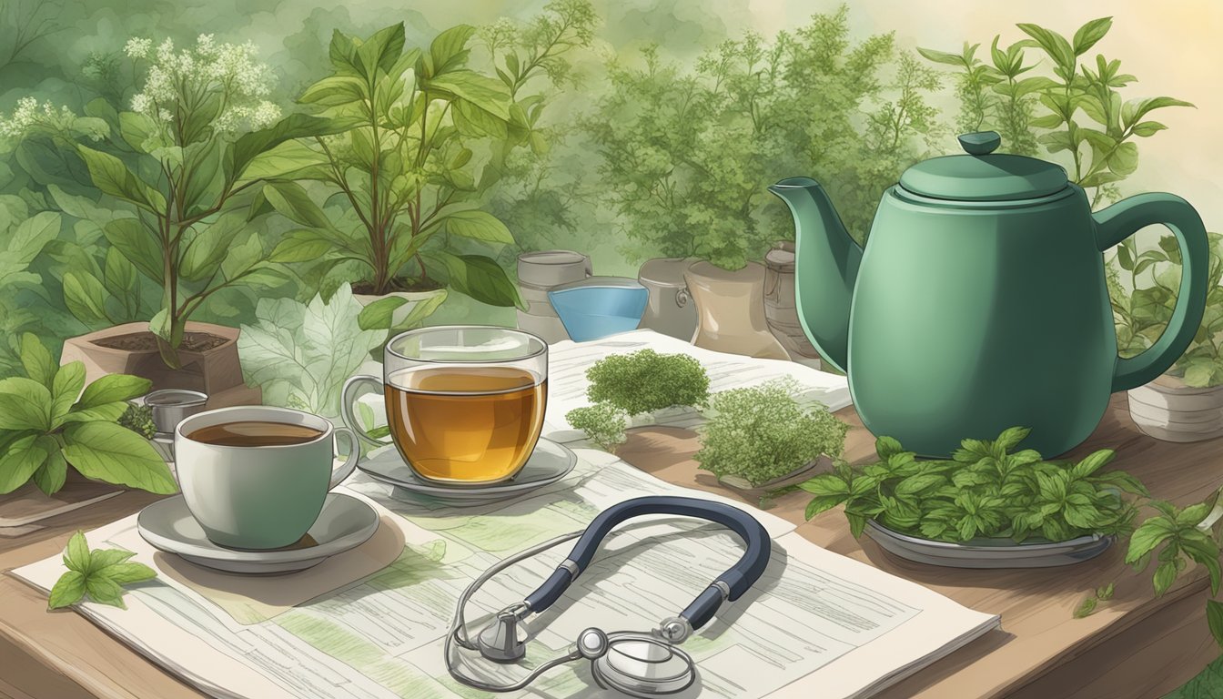 A serene setting with a variety of herbal tea plants and a medical research report on hypertension