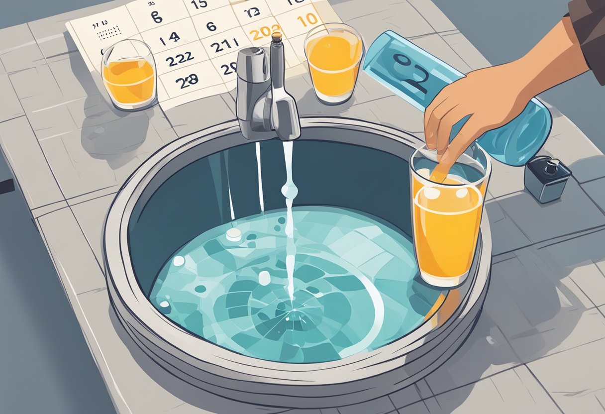 A person pouring alcohol down the drain while a calendar with a circle around a date and a glass of water sit nearby