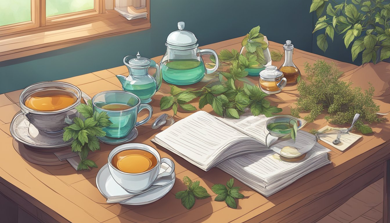 A variety of herbal teas arranged on a table, surrounded by scientific literature and research papers on blood pressure regulation