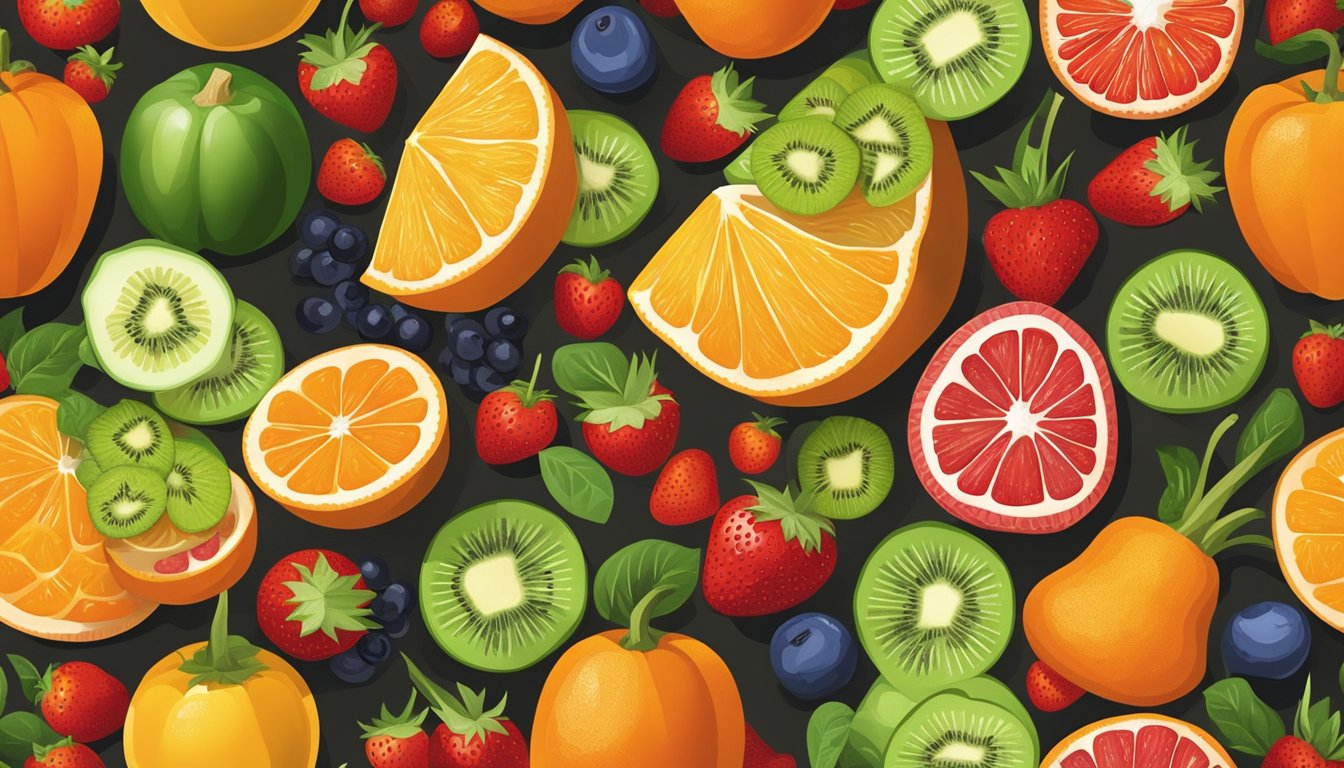 A colorful array of fruits and vegetables, such as oranges, strawberries, bell peppers, and kiwi, arranged on a wooden cutting board