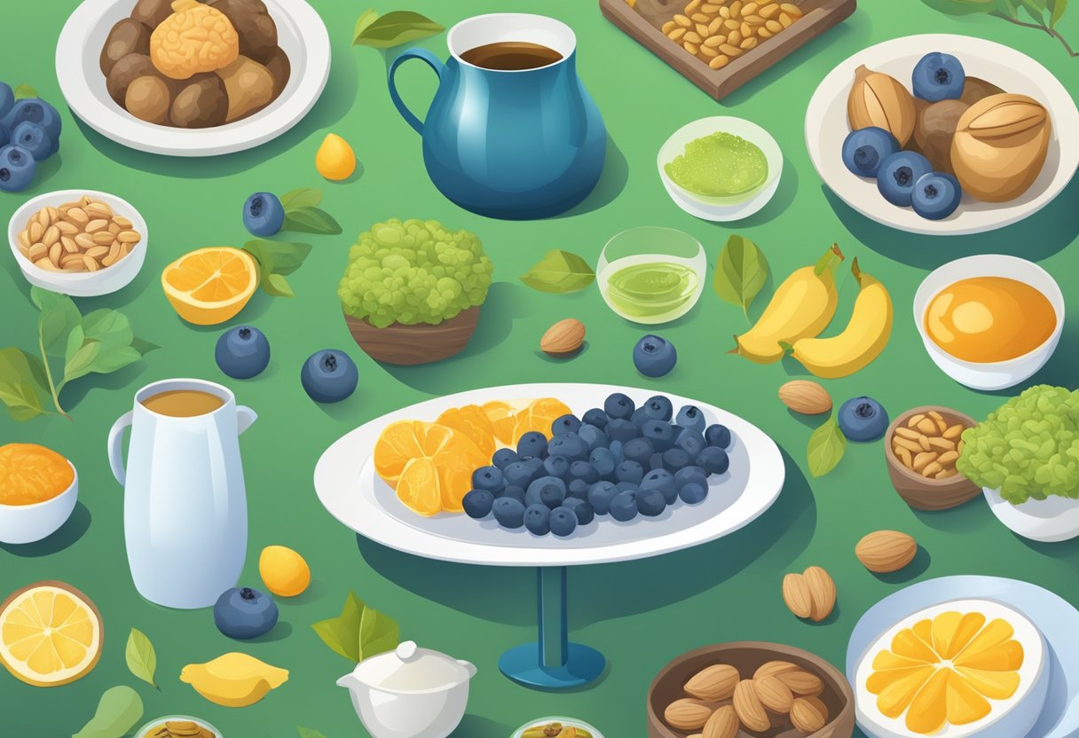 A table with a variety of brain-boosting foods and beverages, such as blueberries, green tea, and nuts, surrounded by colorful informational posters on memory preservation