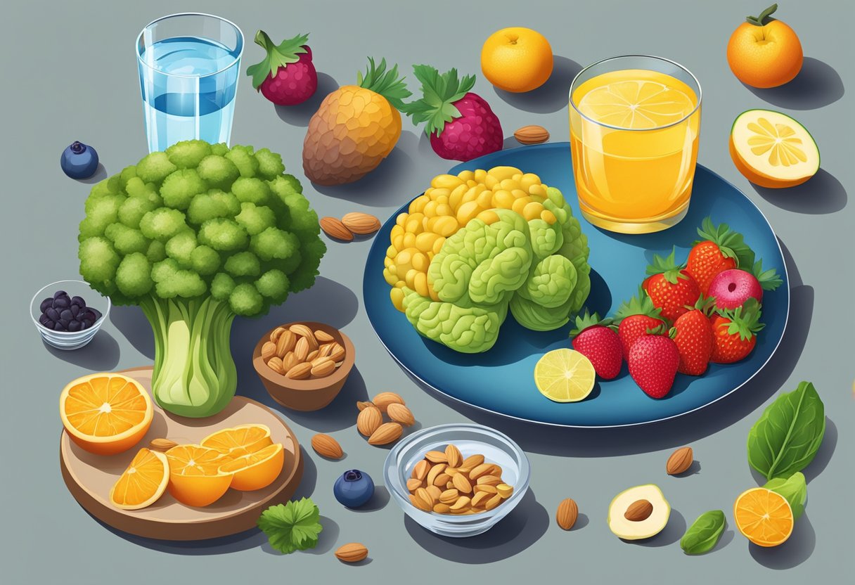 A table set with colorful fruits, vegetables, and nuts, alongside a glass of water and a brain-shaped food model