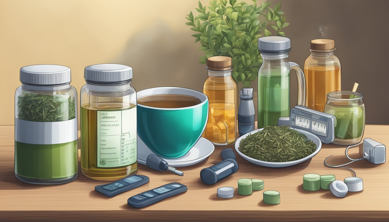 A serene scene of herbal tea and traditional medication bottles on a table, with a blood pressure monitor in the background