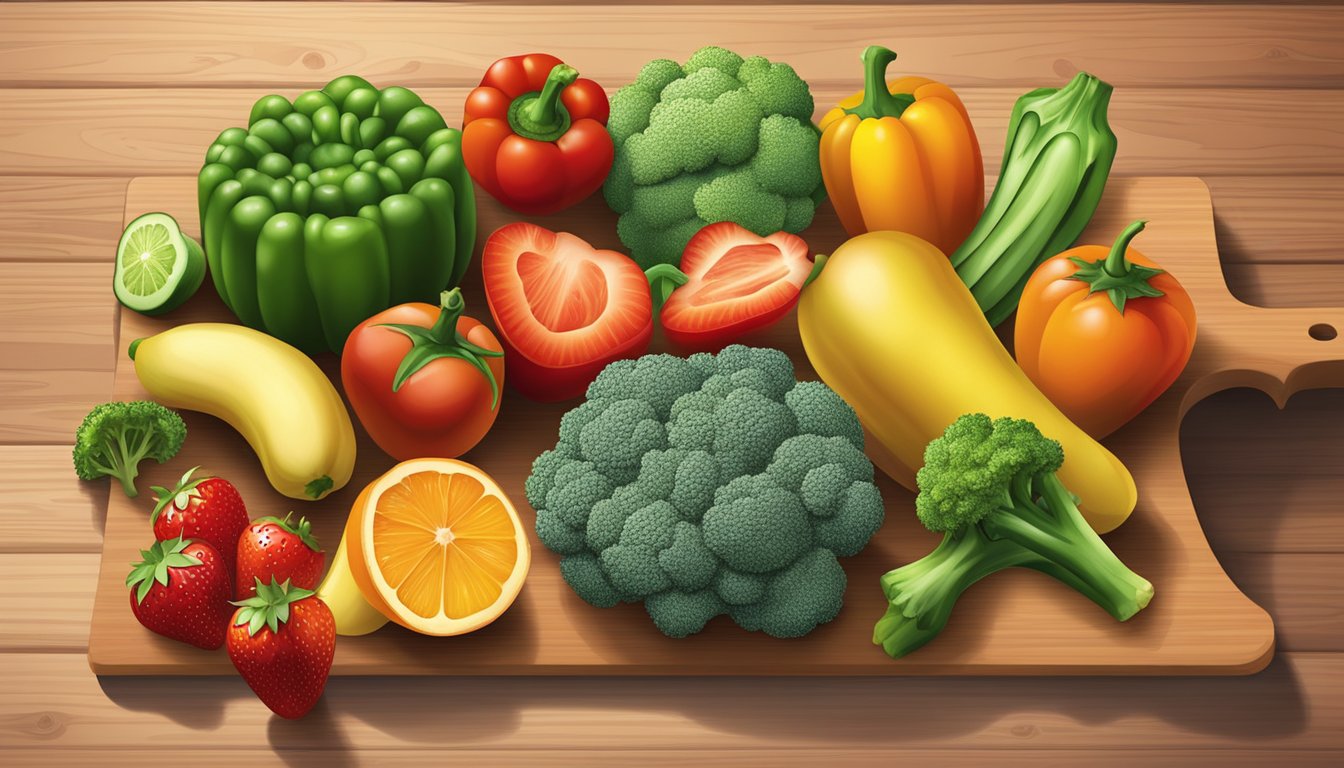 A variety of fruits and vegetables such as oranges, strawberries, bell peppers, and broccoli arranged on a wooden cutting board