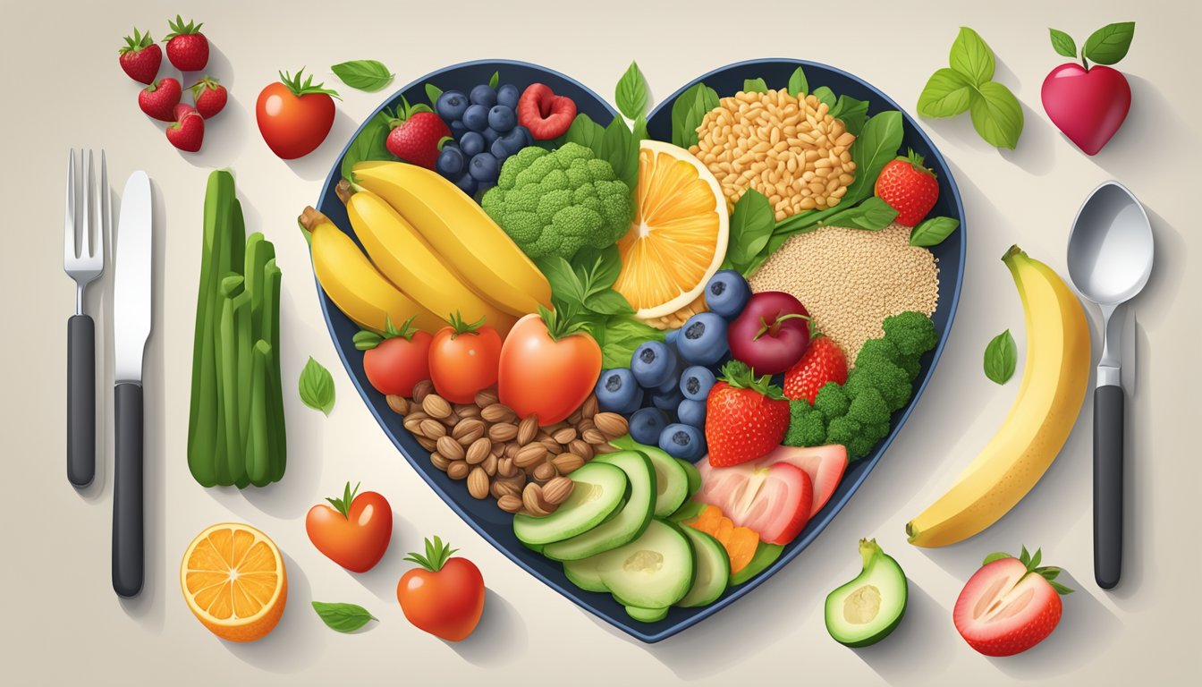 A colorful plate of heart-healthy foods arranged in a balanced and appetizing manner, with a focus on fresh fruits, vegetables, lean proteins, and whole grains