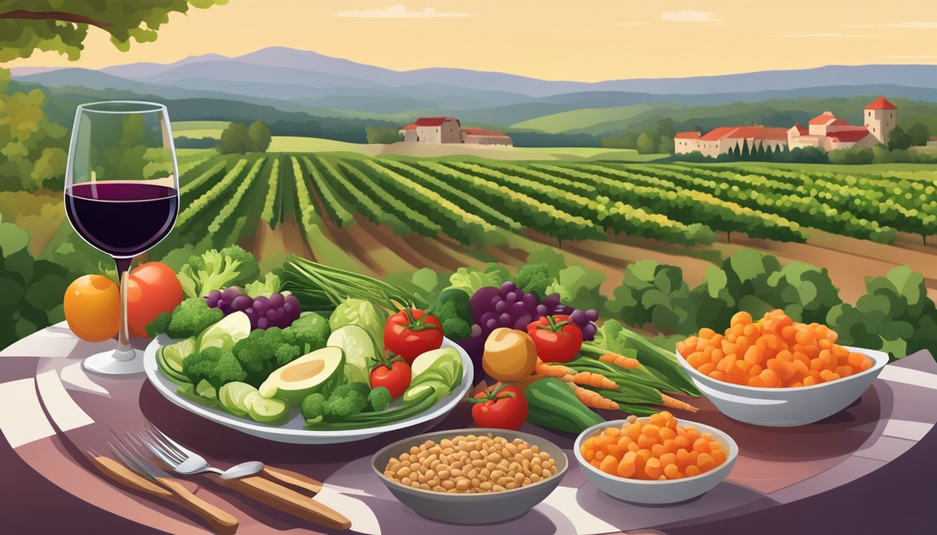 A colorful plate of fresh vegetables, lean proteins, and whole grains, with a glass of red wine, set against a backdrop of rolling vineyards