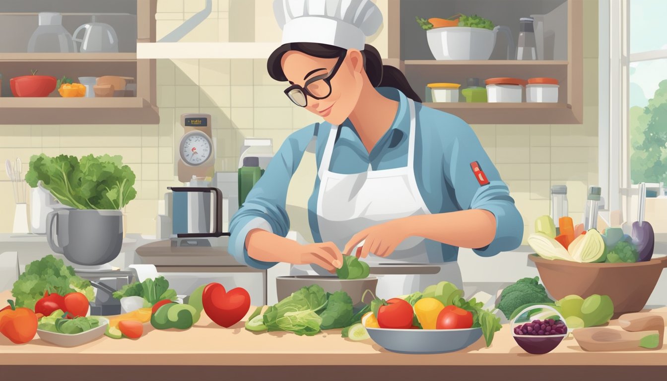 A person preparing heart-healthy meals, measuring ingredients, and checking blood pressure