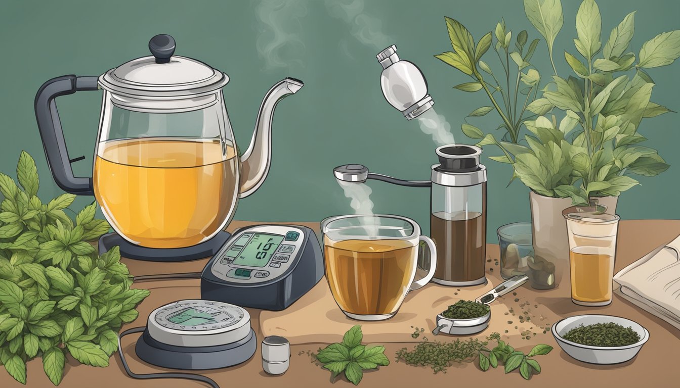 A person brewing herbal tea with various herbs and a blood pressure monitor nearby