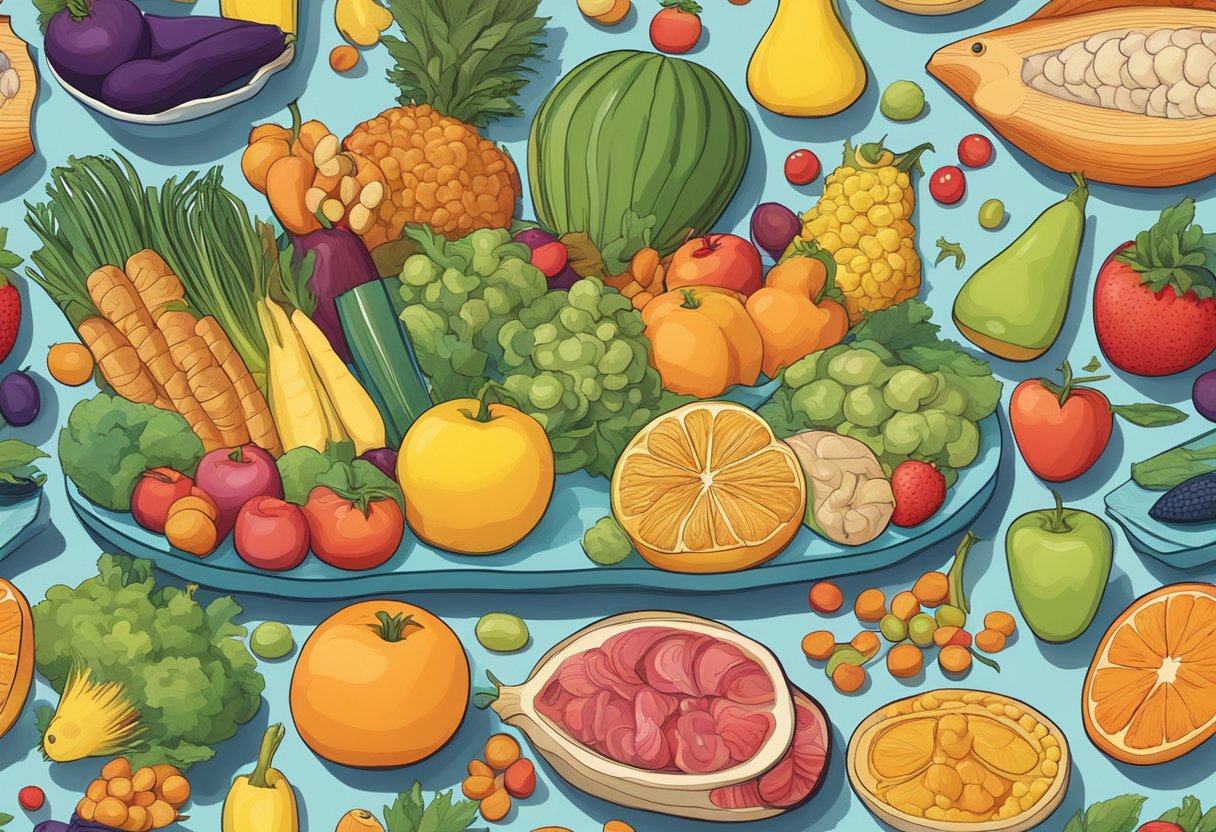 A table filled with colorful fruits, vegetables, nuts, and fish, surrounded by books and brain-shaped puzzles