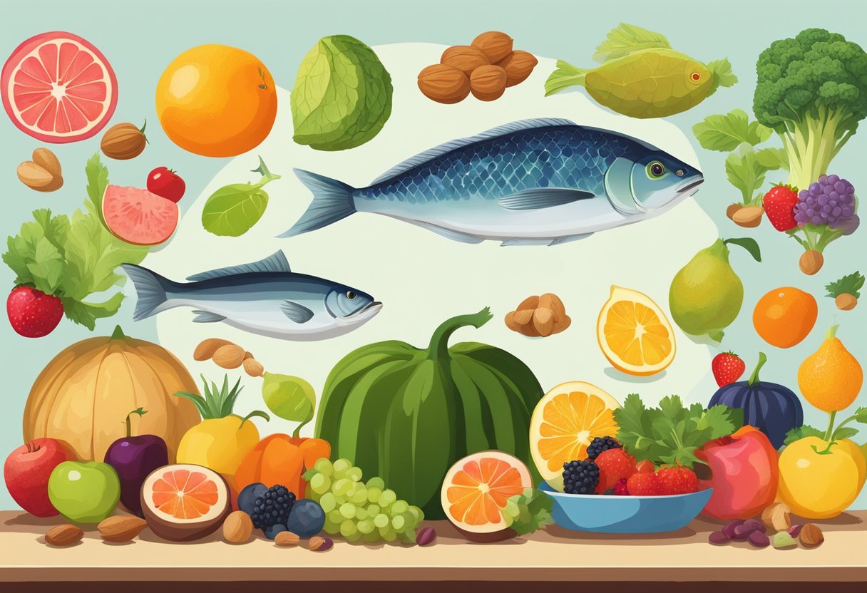 A variety of colorful fruits, vegetables, nuts, and fish arranged on a table, with a brain-shaped silhouette in the background