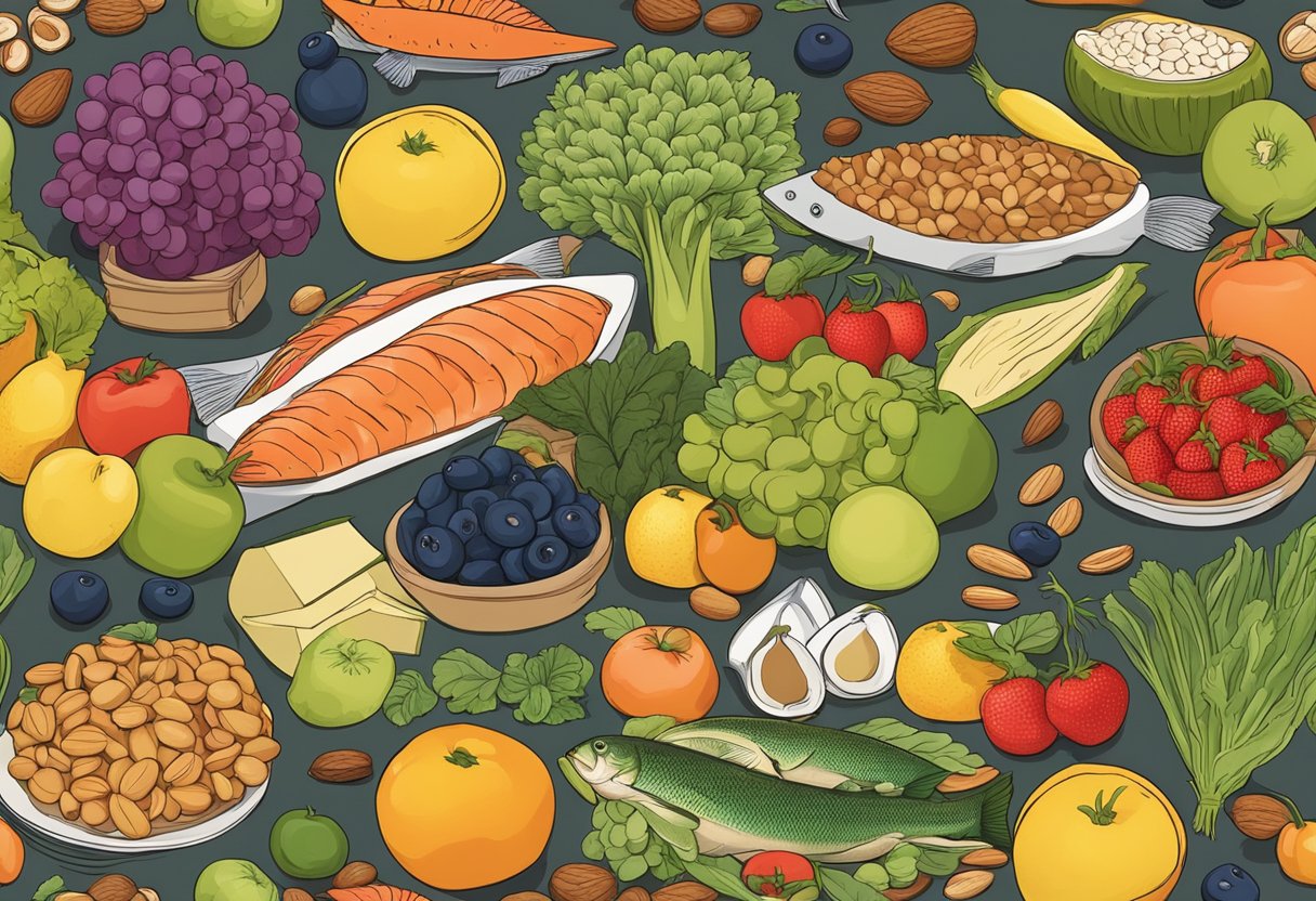 A table filled with colorful fruits, vegetables, nuts, and fish, surrounded by books on brain health and memory