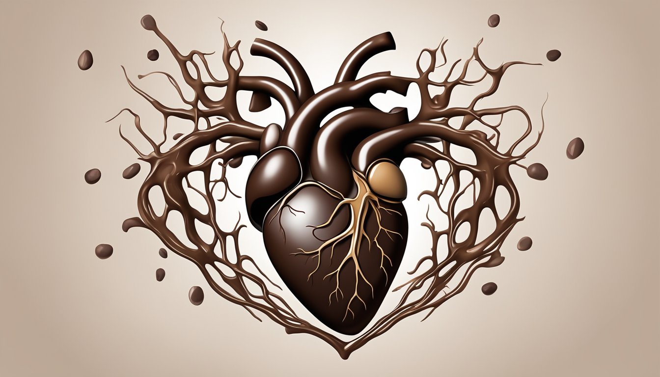 A heart surrounded by dark chocolate, with arteries flowing smoothly, depicting the positive impact of chocolate on the cardiovascular system