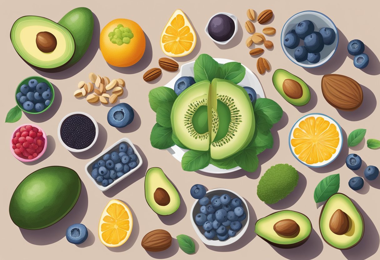 A colorful array of brain superfoods, such as blueberries, avocados, and nuts, displayed on a table with labels highlighting their memory-boosting properties