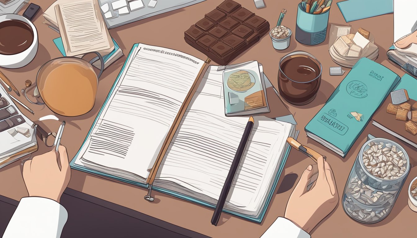 A person sitting at a desk surrounded by medical journals and research papers on cocoa and hypertension, with a bar of chocolate next to them