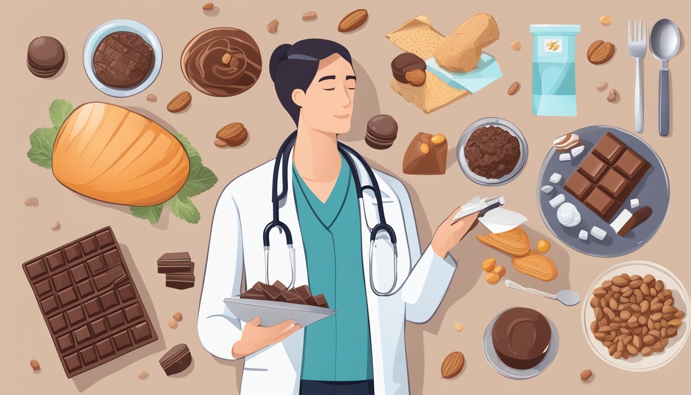 A person with hypertension holding a piece of chocolate, surrounded by various foods and a doctor's recommendation